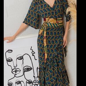 NWT Silk & Salt African print peacock wrap dress with belt